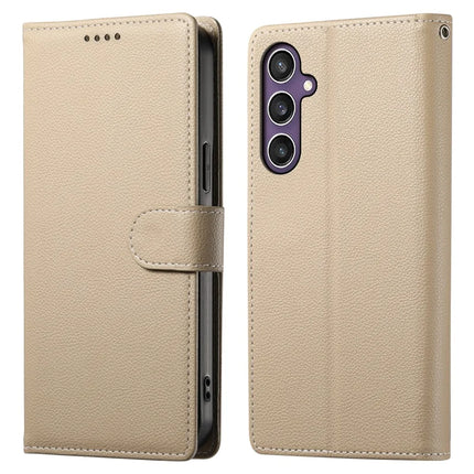 DF-012 For Samsung Galaxy S23 FE Case Litchi Texture Leather Wallet Stand Phone Cover - Apricot