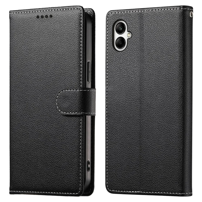 DF-012 For Samsung Galaxy A05 4G Case Litchi Texture Leather Wallet Stand Phone Cover - Black