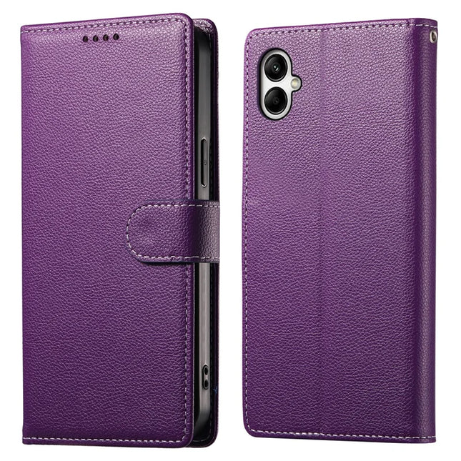 DF-012 For Samsung Galaxy A06 5G / A06 Case Litchi Texture Leather Magnetic Clasp Wallet Stand Phone Cover with Wrist Strap - Purple