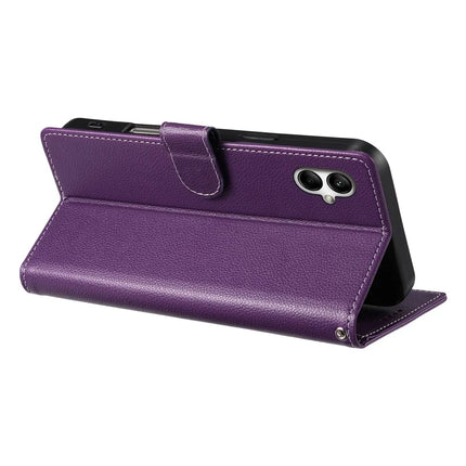 DF-012 For Samsung Galaxy A06 5G / A06 Case Litchi Texture Leather Magnetic Clasp Wallet Stand Phone Cover with Wrist Strap