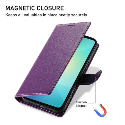 DF-012 For Samsung Galaxy A06 5G / A06 Case Litchi Texture Leather Magnetic Clasp Wallet Stand Phone Cover with Wrist Strap