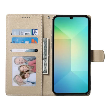 DF-012 For Samsung Galaxy A06 5G / A06 Case Litchi Texture Leather Magnetic Clasp Wallet Stand Phone Cover with Wrist Strap