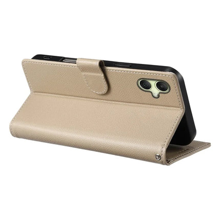 DF-012 For Samsung Galaxy A06 5G / A06 Case Litchi Texture Leather Magnetic Clasp Wallet Stand Phone Cover with Wrist Strap