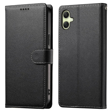 DF-012 For Samsung Galaxy A06 5G / A06 Case Litchi Texture Leather Magnetic Clasp Wallet Stand Phone Cover with Wrist Strap - Black