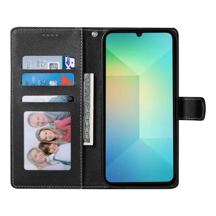 DF-012 For Samsung Galaxy A06 5G / A06 Case Litchi Texture Leather Magnetic Clasp Wallet Stand Phone Cover with Wrist Strap