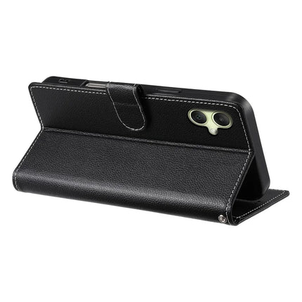 DF-012 For Samsung Galaxy A06 5G / A06 Case Litchi Texture Leather Magnetic Clasp Wallet Stand Phone Cover with Wrist Strap
