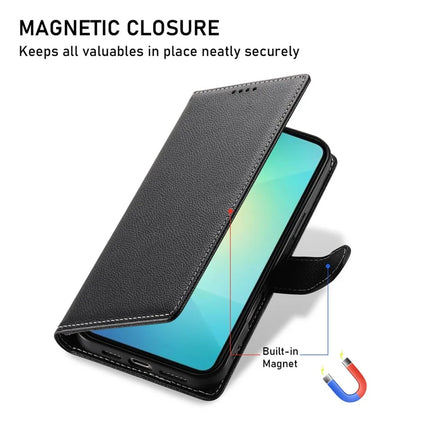 DF-012 For Samsung Galaxy A06 5G / A06 Case Litchi Texture Leather Magnetic Clasp Wallet Stand Phone Cover with Wrist Strap