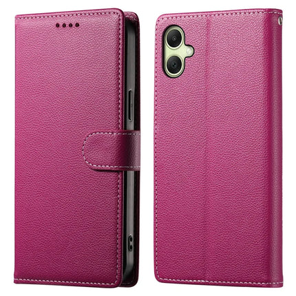 DF-012 For Samsung Galaxy A06 5G / A06 Case Litchi Texture Leather Magnetic Clasp Wallet Stand Phone Cover with Wrist Strap - Rose