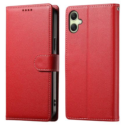 DF-012 For Samsung Galaxy A06 5G / A06 Case Litchi Texture Leather Magnetic Clasp Wallet Stand Phone Cover with Wrist Strap - Red