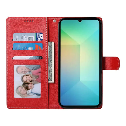 DF-012 For Samsung Galaxy A06 5G / A06 Case Litchi Texture Leather Magnetic Clasp Wallet Stand Phone Cover with Wrist Strap