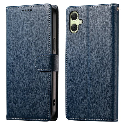 DF-012 For Samsung Galaxy A06 5G / A06 Case Litchi Texture Leather Magnetic Clasp Wallet Stand Phone Cover with Wrist Strap - Dark Blue
