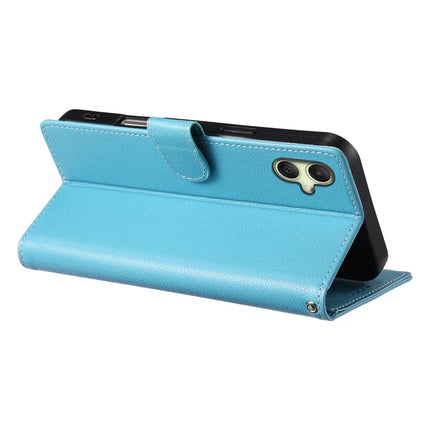DF-012 For Samsung Galaxy A06 5G / A06 Case Litchi Texture Leather Magnetic Clasp Wallet Stand Phone Cover with Wrist Strap
