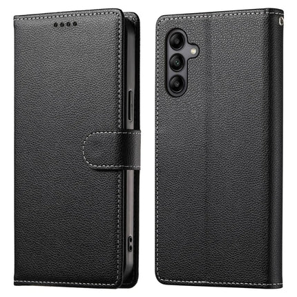 DF-012 For Samsung Galaxy A05s 4G Case Litchi Texture Leather Magnetic Clasp Wallet Stand Phone Cover with Wrist Strap - Black