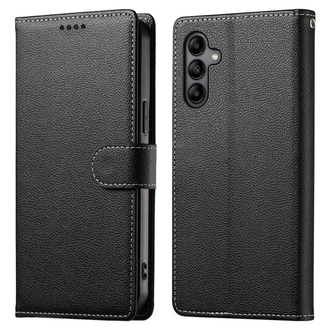 DF-012 For Samsung Galaxy A05s 4G Case Litchi Texture Leather Magnetic Clasp Wallet Stand Phone Cover with Wrist Strap - Black