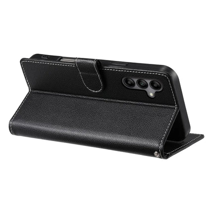 DF-012 For Samsung Galaxy A05s 4G Case Litchi Texture Leather Magnetic Clasp Wallet Stand Phone Cover with Wrist Strap