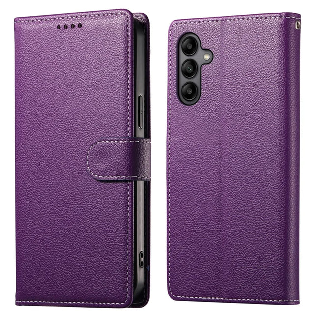 DF-012 For Samsung Galaxy A05s 4G Case Litchi Texture Leather Magnetic Clasp Wallet Stand Phone Cover with Wrist Strap - Purple
