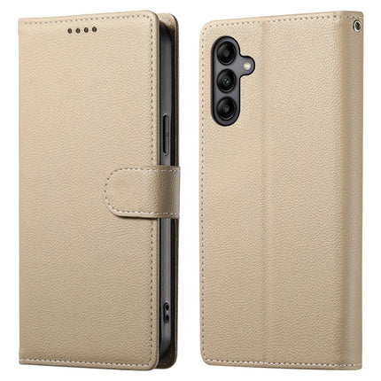 DF-012 For Samsung Galaxy A05s 4G Case Litchi Texture Leather Magnetic Clasp Wallet Stand Phone Cover with Wrist Strap - Apricot