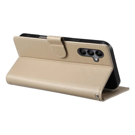 DF-012 For Samsung Galaxy A05s 4G Case Litchi Texture Leather Magnetic Clasp Wallet Stand Phone Cover with Wrist Strap