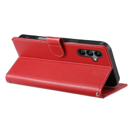 DF-012 For Samsung Galaxy A05s 4G Case Litchi Texture Leather Magnetic Clasp Wallet Stand Phone Cover with Wrist Strap