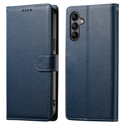 DF-012 For Samsung Galaxy A05s 4G Case Litchi Texture Leather Magnetic Clasp Wallet Stand Phone Cover with Wrist Strap - Dark Blue