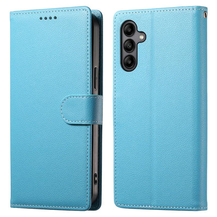 DF-012 For Samsung Galaxy A05s 4G Case Litchi Texture Leather Magnetic Clasp Wallet Stand Phone Cover with Wrist Strap - Sky Blue
