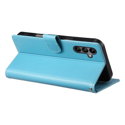 DF-012 For Samsung Galaxy A05s 4G Case Litchi Texture Leather Magnetic Clasp Wallet Stand Phone Cover with Wrist Strap