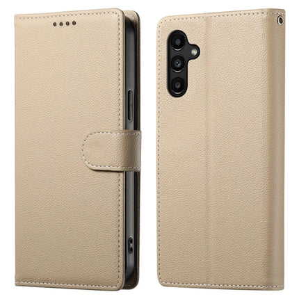 DF-012 For Samsung Galaxy A15 5G / A15 4G Case Litchi Texture Leather Magnetic Clasp Wallet Stand Phone Cover with Wrist Strap - Apricot
