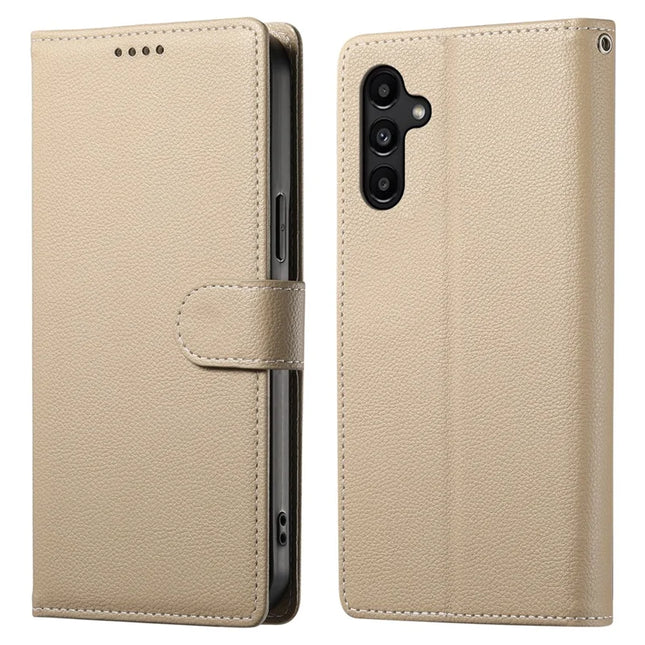 DF-012 For Samsung Galaxy A15 5G / A15 4G Case Litchi Texture Leather Magnetic Clasp Wallet Stand Phone Cover with Wrist Strap - Apricot