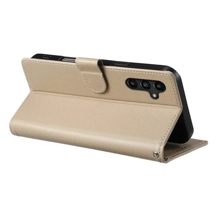 DF-012 For Samsung Galaxy A15 5G / A15 4G Case Litchi Texture Leather Magnetic Clasp Wallet Stand Phone Cover with Wrist Strap