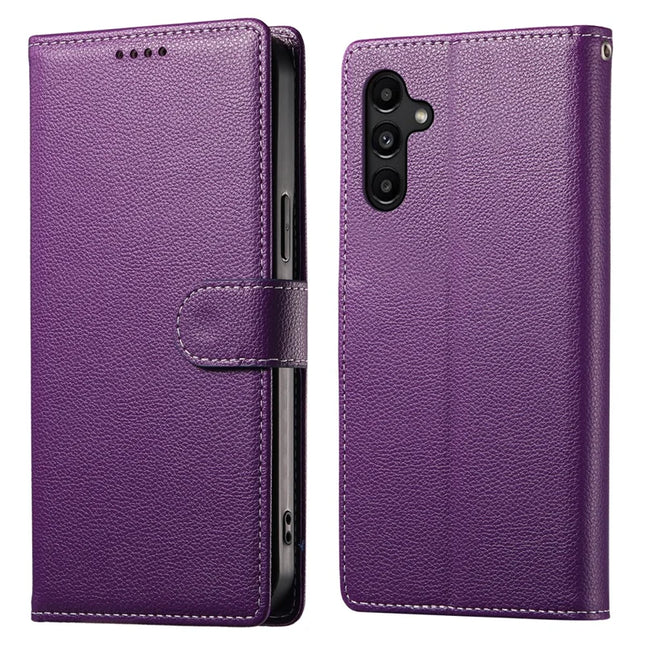 DF-012 For Samsung Galaxy A15 5G / A15 4G Case Litchi Texture Leather Magnetic Clasp Wallet Stand Phone Cover with Wrist Strap - Purple