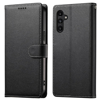 DF-012 For Samsung Galaxy A15 5G / A15 4G Case Litchi Texture Leather Magnetic Clasp Wallet Stand Phone Cover with Wrist Strap - Black
