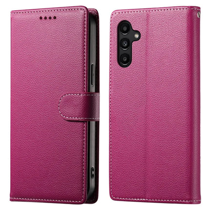 DF-012 For Samsung Galaxy A15 5G / A15 4G Case Litchi Texture Leather Magnetic Clasp Wallet Stand Phone Cover with Wrist Strap - Rose