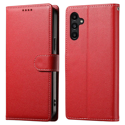 DF-012 For Samsung Galaxy A15 5G / A15 4G Case Litchi Texture Leather Magnetic Clasp Wallet Stand Phone Cover with Wrist Strap - Red