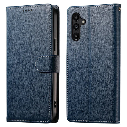 DF-012 For Samsung Galaxy A15 5G / A15 4G Case Litchi Texture Leather Magnetic Clasp Wallet Stand Phone Cover with Wrist Strap - Dark Blue