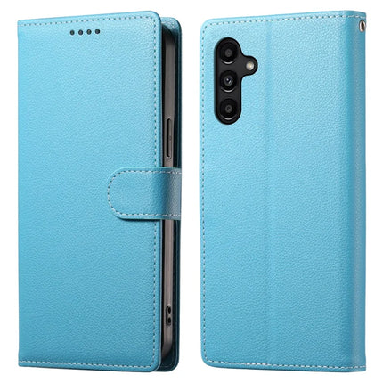 DF-012 For Samsung Galaxy A15 5G / A15 4G Case Litchi Texture Leather Magnetic Clasp Wallet Stand Phone Cover with Wrist Strap - Sky Blue