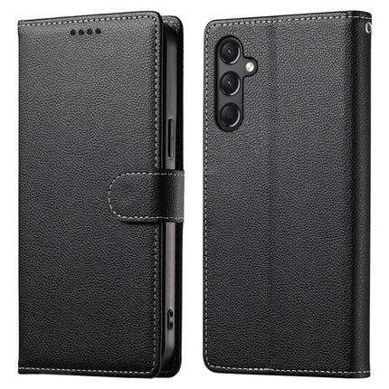DF-012 For Samsung Galaxy A24 4G (162.1 x 77.6 x 8.3mm) Case Litchi Texture Leather Magnetic Clasp Wallet Stand Phone Cover - Black