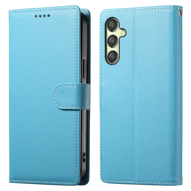 DF-012 For Samsung Galaxy A25 5G (Global) (161.0 x 76.5 x 8.3mm) Case Litchi Texture Leather Wallet Stand Phone Cover - Sky Blue