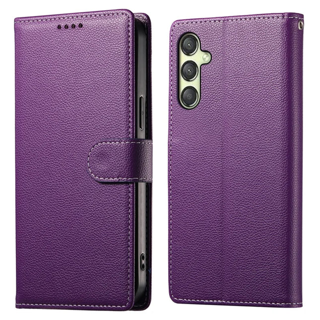 DF-012 For Samsung Galaxy A25 5G (Global) (161.0 x 76.5 x 8.3mm) Case Litchi Texture Leather Wallet Stand Phone Cover - Purple