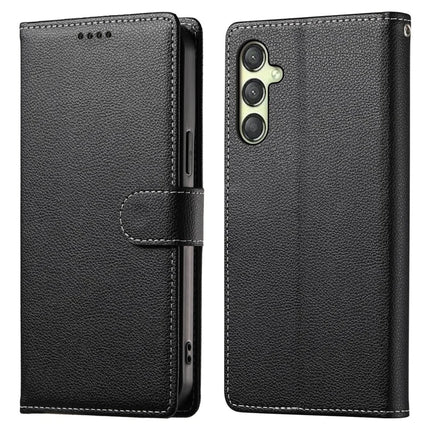 DF-012 For Samsung Galaxy A25 5G (Global) (161.0 x 76.5 x 8.3mm) Case Litchi Texture Leather Wallet Stand Phone Cover - Black