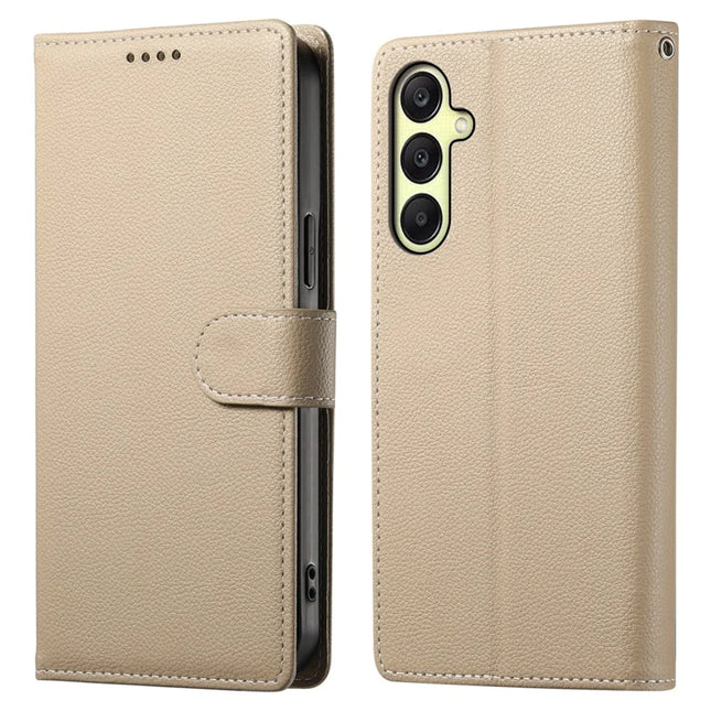 DF-012 For Samsung Galaxy A26 5G Case Litchi Texture Leather Magnetic Clasp Wallet Stand Phone Cover with Wrist Strap - Apricot