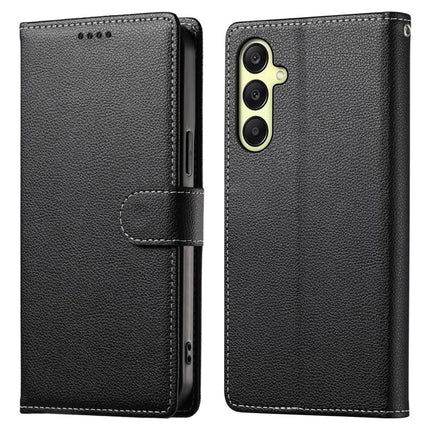 DF-012 For Samsung Galaxy A26 5G Case Litchi Texture Leather Magnetic Clasp Wallet Stand Phone Cover with Wrist Strap - Black