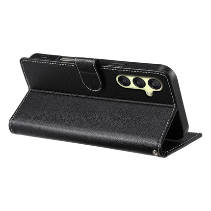 DF-012 For Samsung Galaxy A26 5G Case Litchi Texture Leather Magnetic Clasp Wallet Stand Phone Cover with Wrist Strap