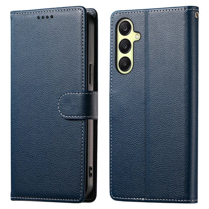 DF-012 For Samsung Galaxy A26 5G Case Litchi Texture Leather Magnetic Clasp Wallet Stand Phone Cover with Wrist Strap - Dark Blue
