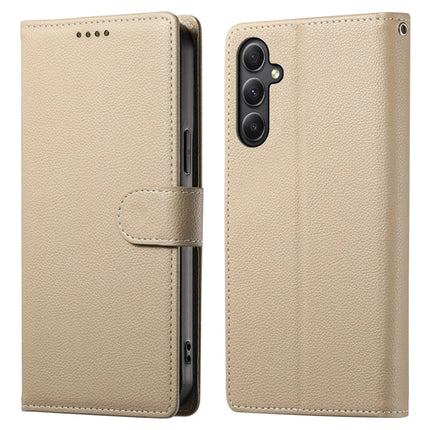 DF-012 For Samsung Galaxy A34 5G Case Litchi Texture Leather Magnetic Clasp Wallet Stand Phone Cover - Apricot