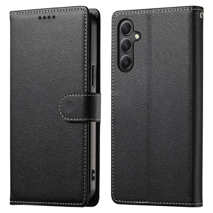 DF-012 For Samsung Galaxy A34 5G Case Litchi Texture Leather Magnetic Clasp Wallet Stand Phone Cover - Black
