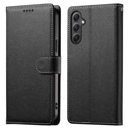 DF-012 For Samsung Galaxy A35 5G Case Litchi Texture Leather Magnetic Clasp Wallet Stand Phone Cover - Black