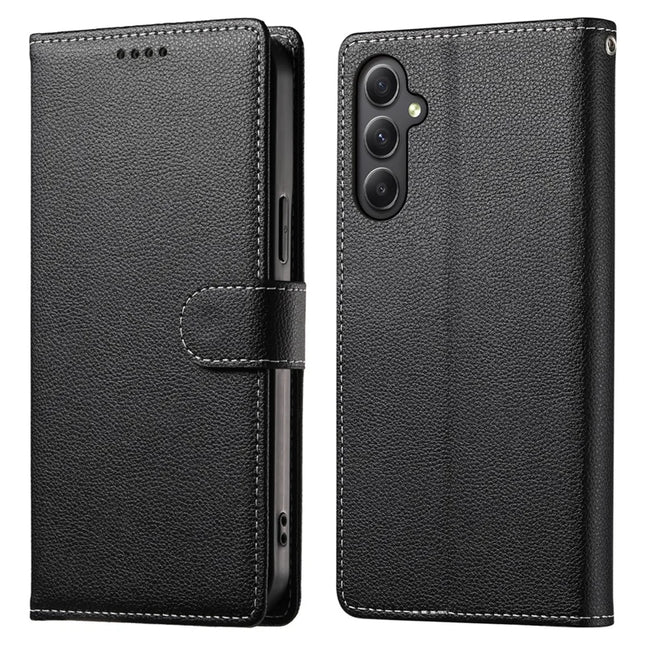 DF-012 For Samsung Galaxy A35 5G Case Litchi Texture Leather Magnetic Clasp Wallet Stand Phone Cover - Black