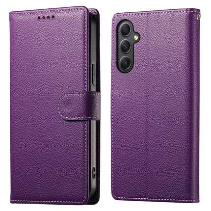 DF-012 For Samsung Galaxy A35 5G Case Litchi Texture Leather Magnetic Clasp Wallet Stand Phone Cover - Purple
