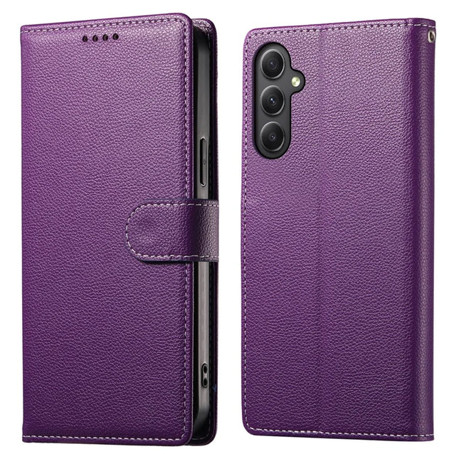 DF-012 For Samsung Galaxy A35 5G Case Litchi Texture Leather Magnetic Clasp Wallet Stand Phone Cover - Purple