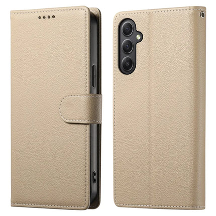 DF-012 For Samsung Galaxy A35 5G Case Litchi Texture Leather Magnetic Clasp Wallet Stand Phone Cover - Apricot